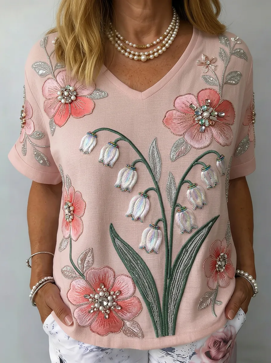 Women's Nashville Floral Lily Beaded Embroidered Printed T-shirt