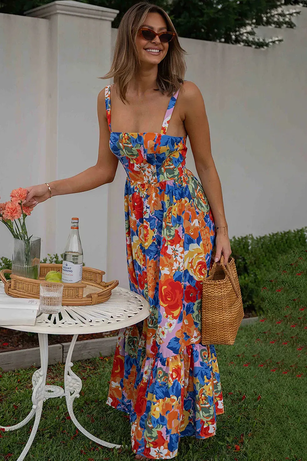 Square Neck Floral Pleated Maxi Dress