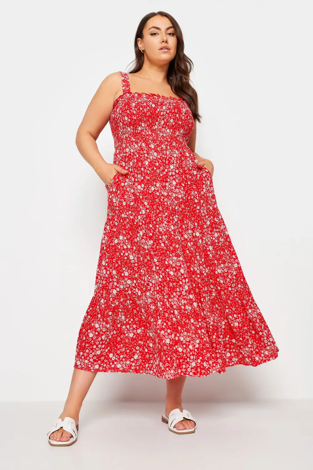 YOURS Curve Red Ditsy Floral Print Shirred Maxi Dress