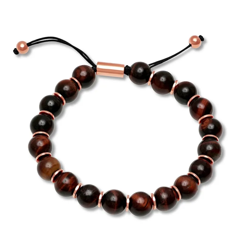 Men's Tiger's Eye Quartz Beaded Bolo Bracelet Stainless Steel