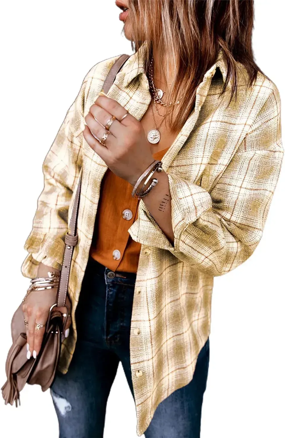 Women's 2023 Fall Clothes Plaid Shacket Jacket Long Sleeve Button Down Flannel Shirts Fashion Blouse