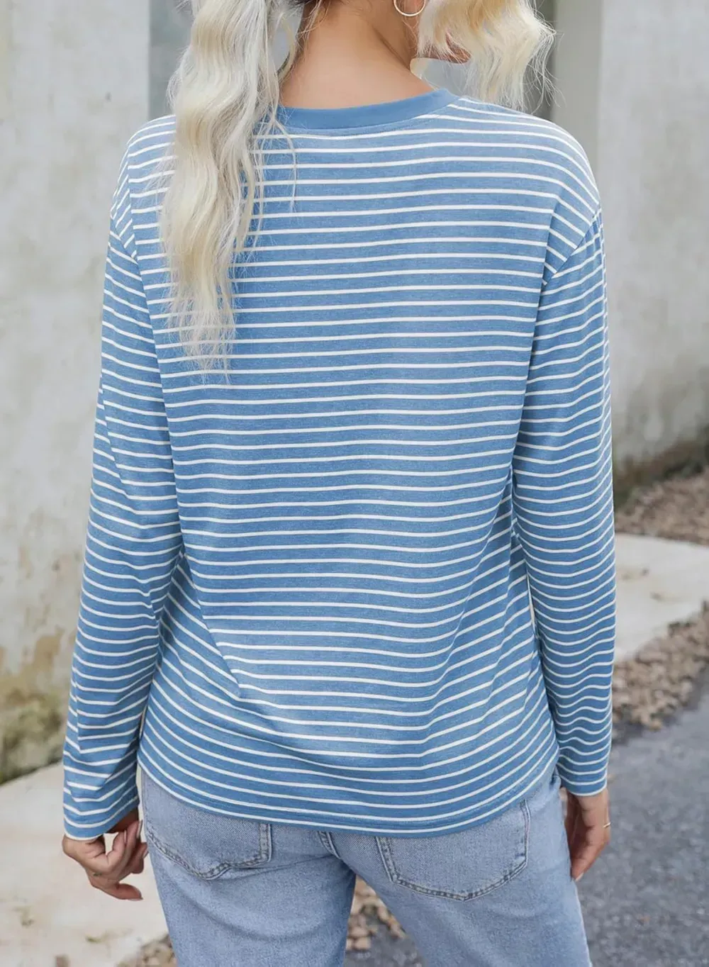 Dokotoo Women's Casual Striped Long Sleeve Tops Crew Neck Knit Ribbed Basic T Shirts