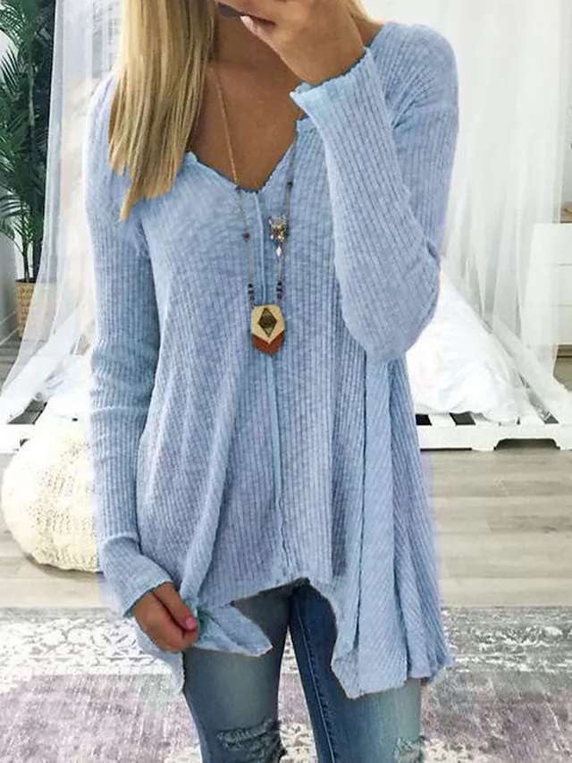 Women's Pullover Sweater Knitted Solid Color Basic Casual Long Sleeve Sweater Cardigans V Neck Fall Winter Spring Blue Blushing Pink Gray