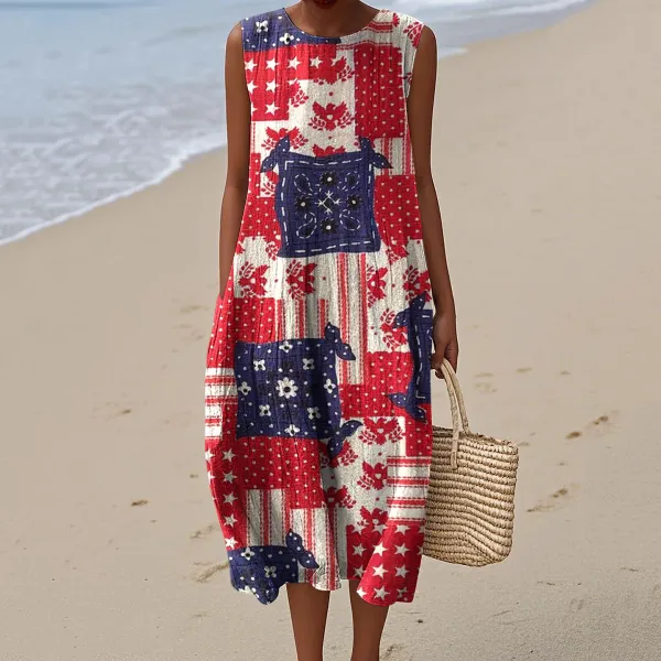 Vintage American Flag Independence Day Patchwork 4th Of July Peaceinwar Art Linen Tank Dress