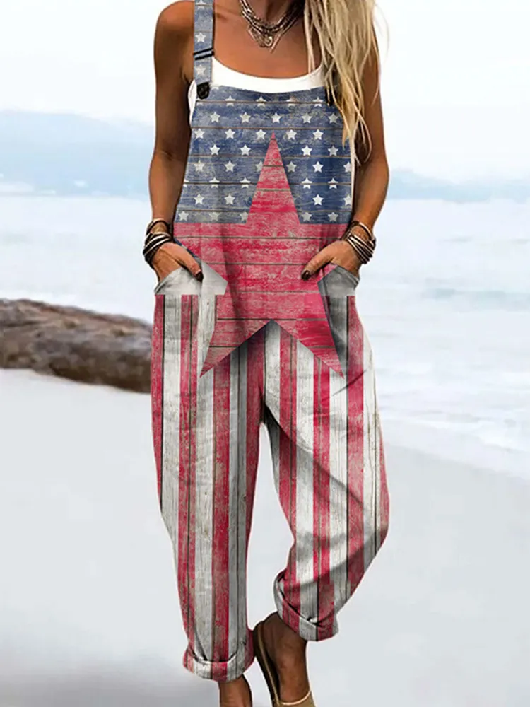 Women's Vintage Independence Day Print Casual Wide Leg Jumpsuit