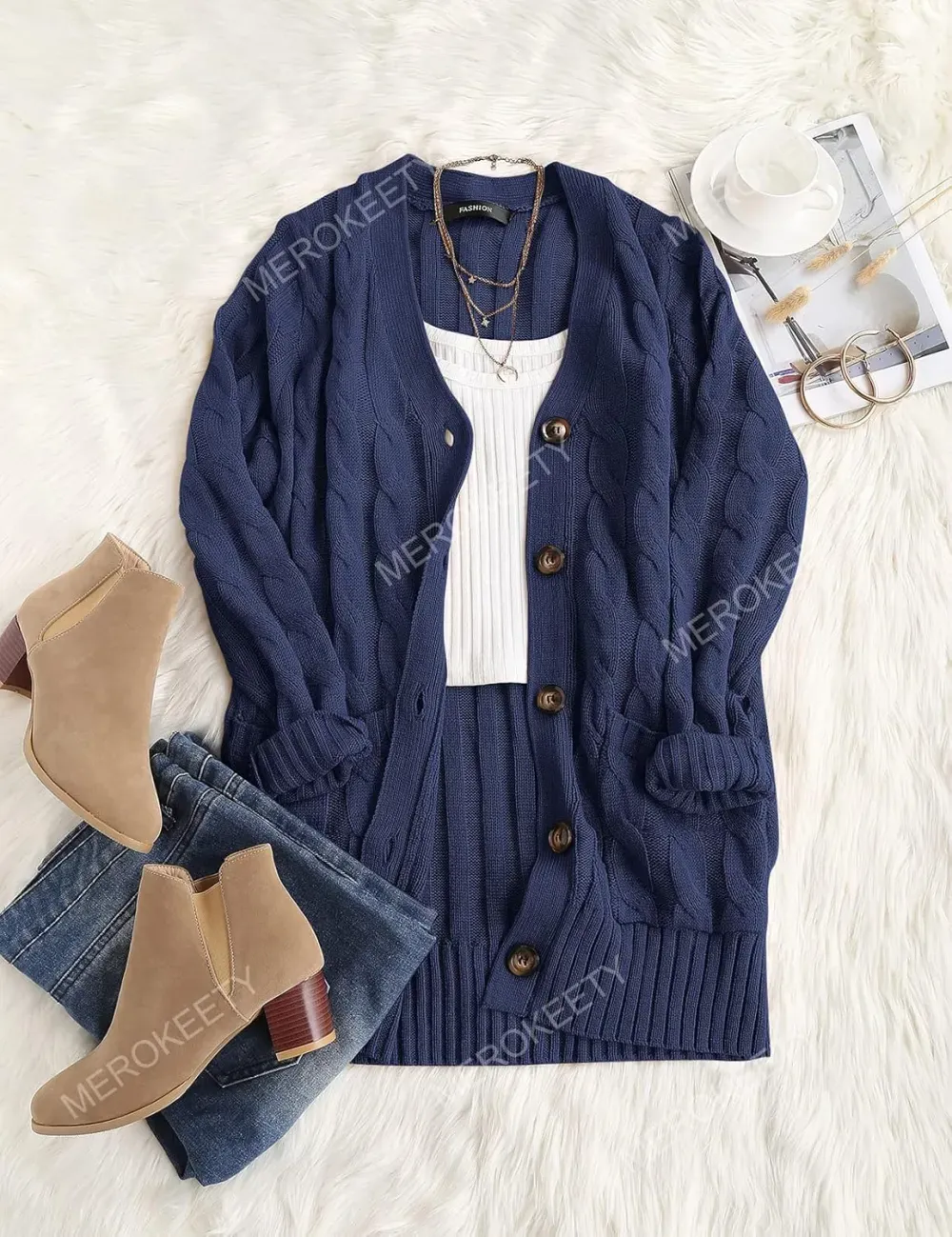 MEROKEETY Women's 2024 Fall Long Sleeve Cable Knit Sweater Open Front Cardigan Button Loose Outerwear