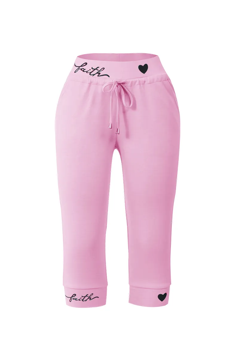 Letter & Heart Print Drawstring Capris Pants