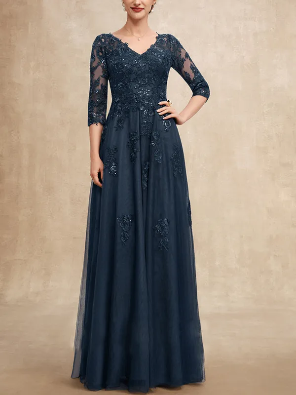 V-Neck Floor Length Tulle Lace Sequined Bridal Gown