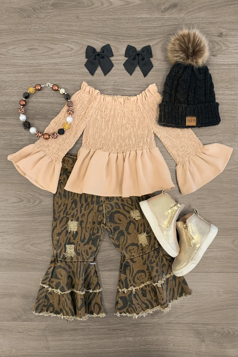 Ruched Brown Cheetah Ruffle Bell Bottom Set