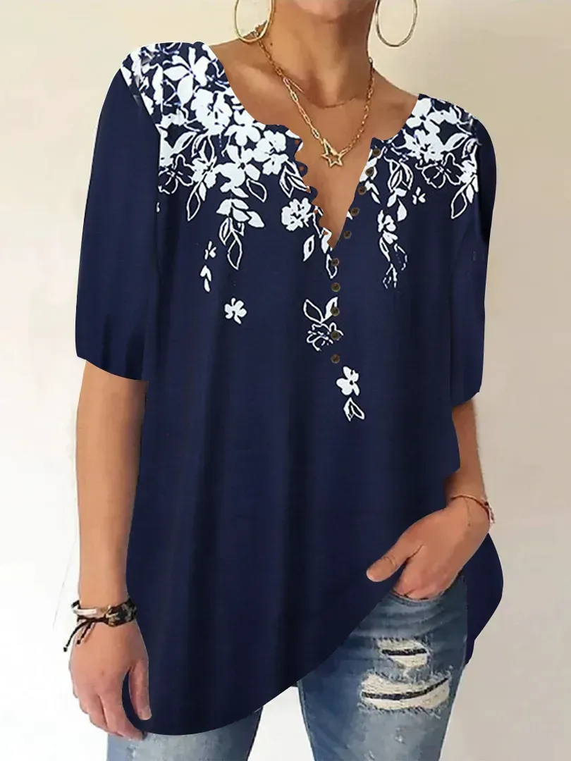 Women Half Sleeve V-neck Floral Printed Tops