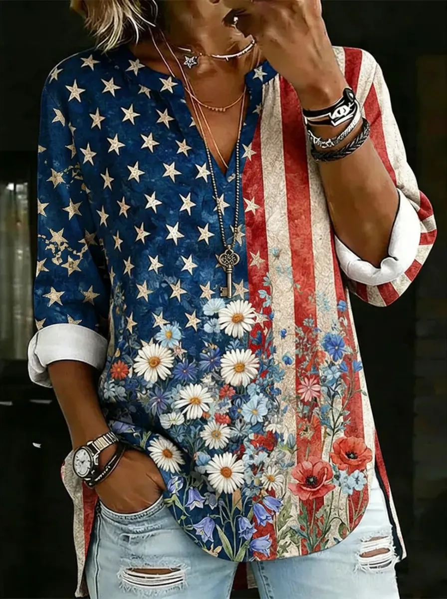 Women's Nashville USA Flag Floral Printed V-Neck Top