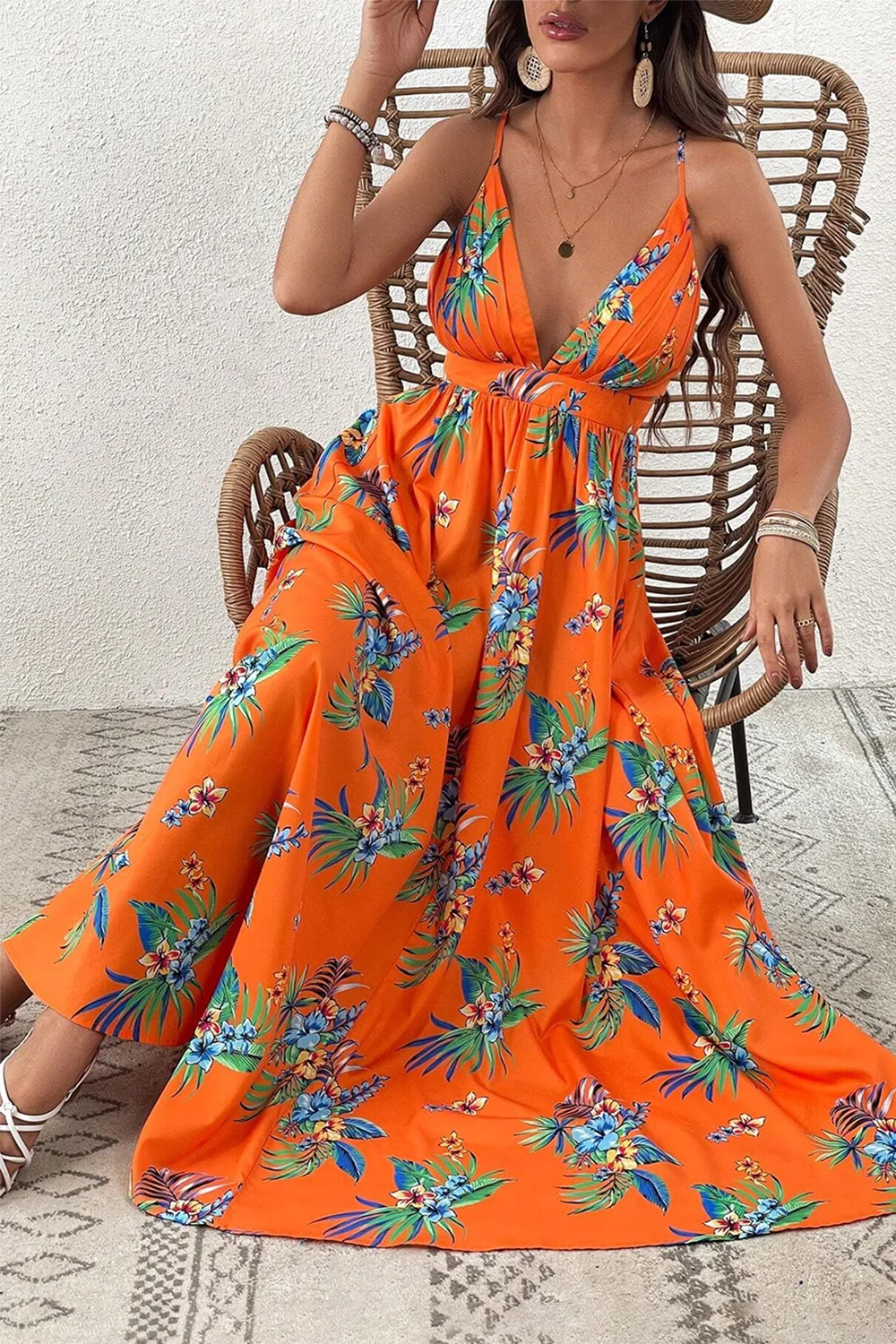 Women's Plant Printed Spaghetti Strap Dress
