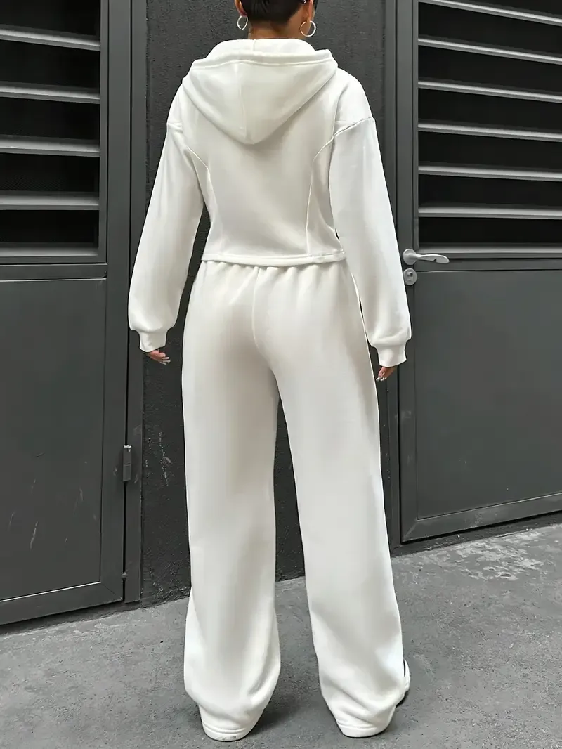Women's Elegant Solid Color Polyester Hooded Tracksuit Set with Drawstring and Zipper Details – Knit Fabric Pantsuit for All Seasons