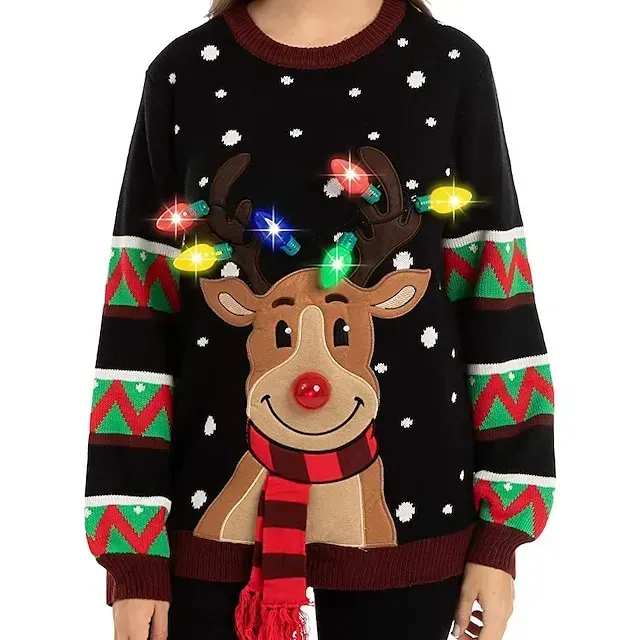Womens LED Light Up Reindeer Ugly Christmas Sweater