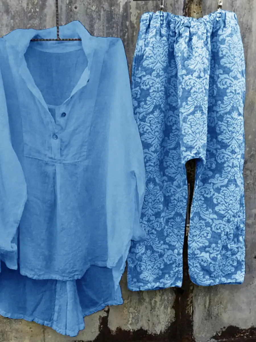 Women's Lapel Top And Printed Pants Set