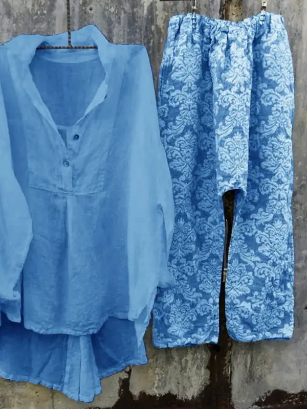 Women's Lapel Top And Printed Pants Set