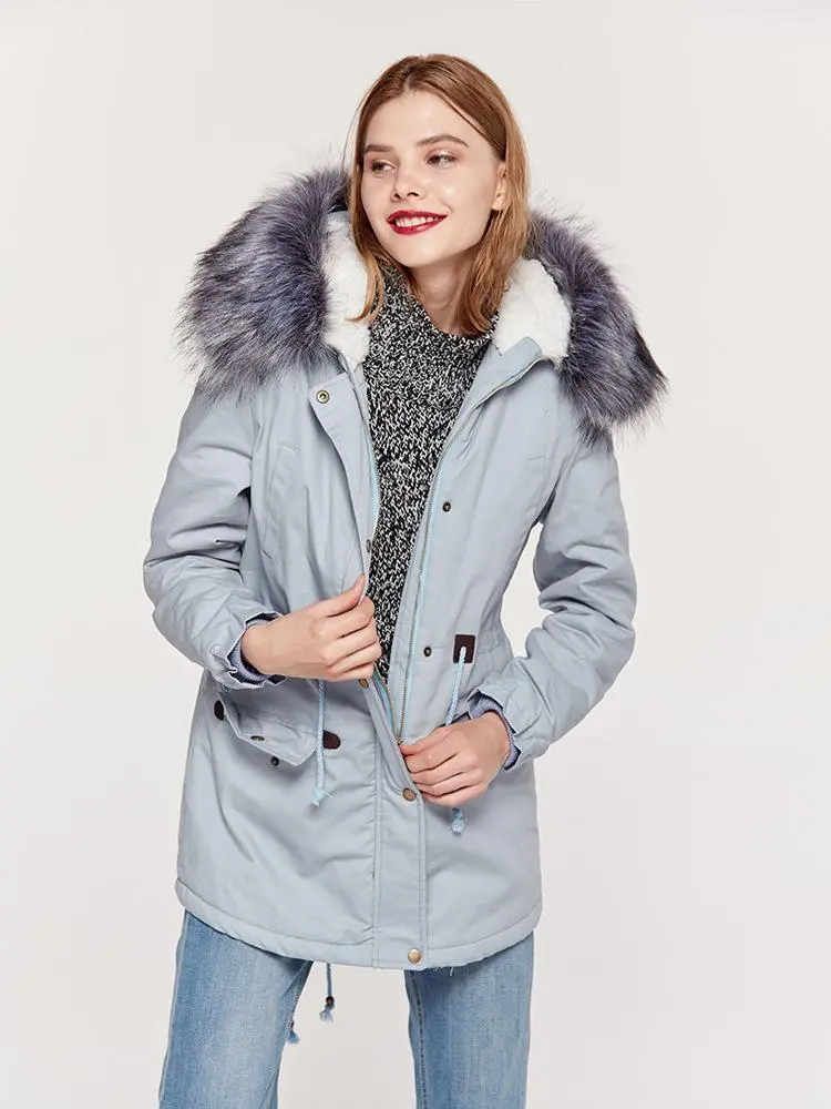 Faux Fur Collar Pockets Drawstring Women Parka Jacket Oversized Coat