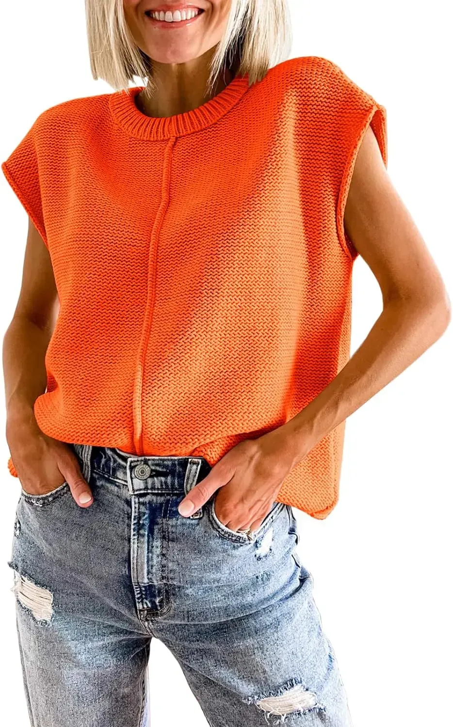 Saodimallsu Womens Summer Cap Sleeve Tops Casual Crew Neck Loose Fit Knit Lightweight Sweater Pullover Top