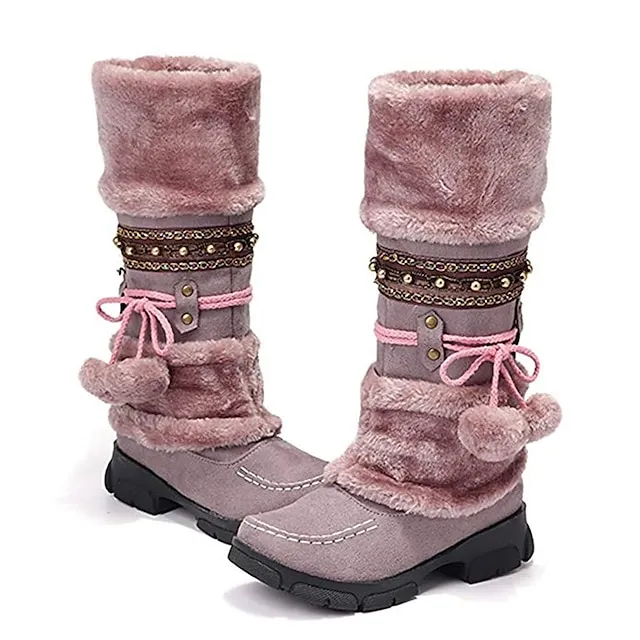 Women's Boots Snow Boots Plus Size Outdoor Daily Fleece Lined Knee High Boots Winter Bowknot Pom-pom Chunky Heel Round Toe Casual Industrial Style PU Lace-up Black Purple Brown