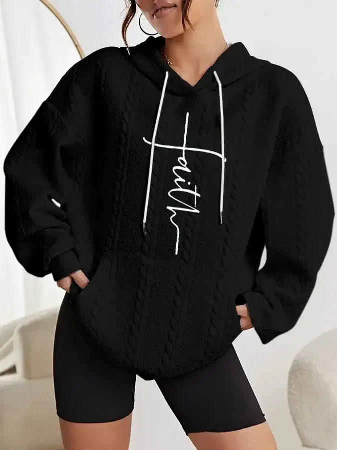Women's Faith Jesus Has My Back Printed Casual Cable Hoodie