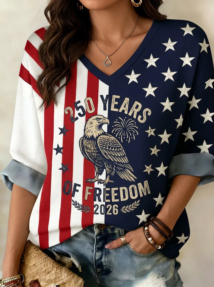 Women's USA Patriotic Eagle 250 Years Freedom Printed V-neck Top
