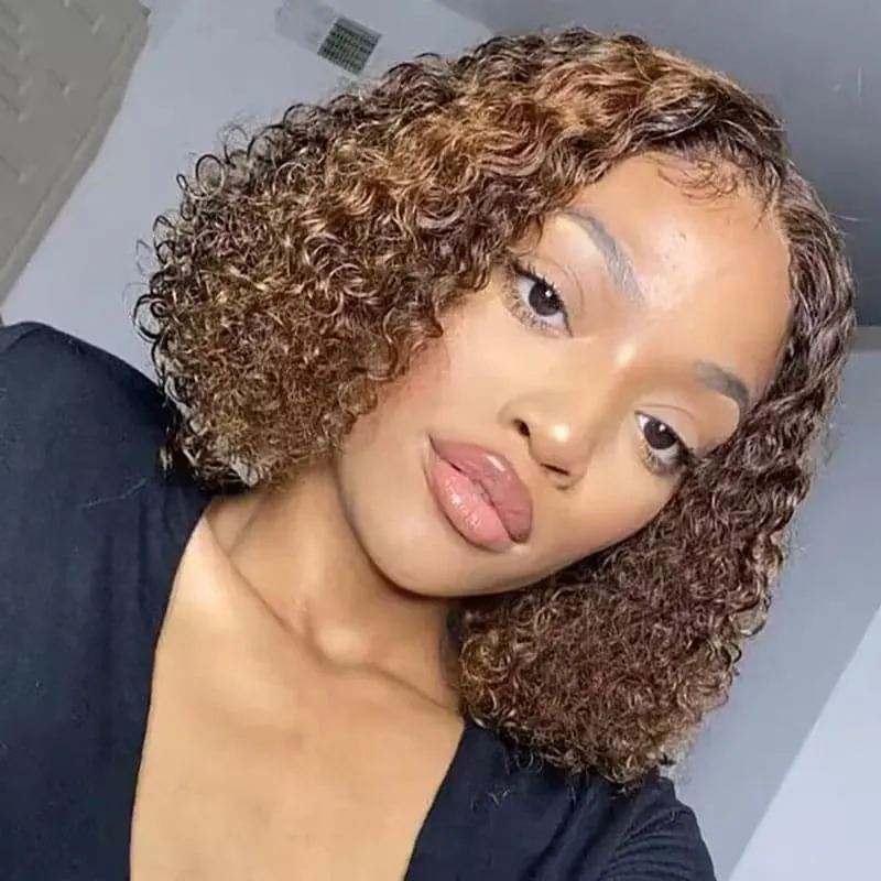 Sterly Mix Color Brown Curly Bob Wig Affordable 13X4 Highlight Frontal Lace Wig