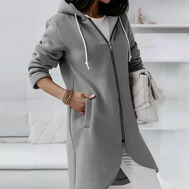 Women's Zip Hoodie Sweatshirt Fleece Sports Streetwear Pullover Pocket Drawstring Zip Up Black Pink Red Solid Color Street Casual Hoodie Long Sleeve Top Fleece lined Micro-elastic Fall & Winter