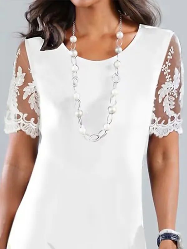 Women's Casual Dress Summer Dress Print Dress Floral Lace Print Crew Neck Lace Sleeve Midi Dress Fashion Elegant Outdoor Daily Short Sleeve Loose Fit White Summer Spring S M L XL XXL