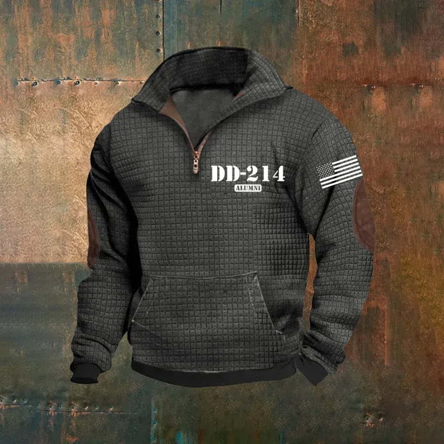 Men's Retro Texture Veterans DD-214 Stand Collar Zipper Long Sleeve Casual Sweater