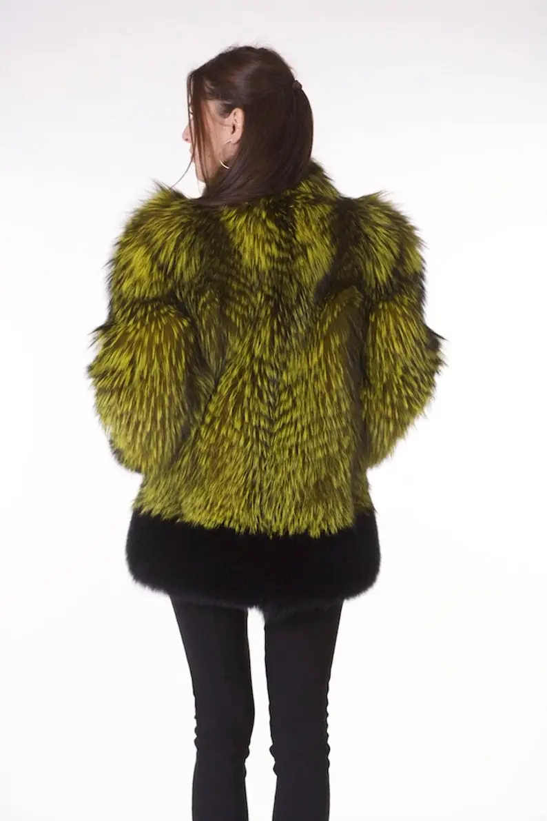 Lime Green and Black Fox Fur Coat Women’s