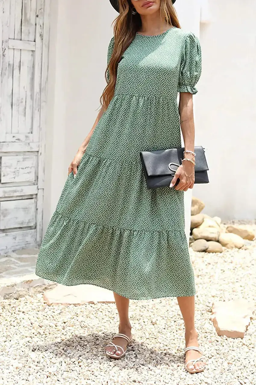 Floral Print Ruffle Puff Sleeve High Waist Midi Dresses