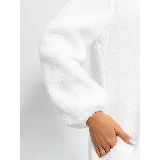 Women's Hoodie Dress Casual Dress Midi Dress Teddy Fleece Warm Home Daily Weekend Hoodie Pocket Drawstring Pure Color 2023 Regular Fit White Lavender Khaki S M L XL 2XL