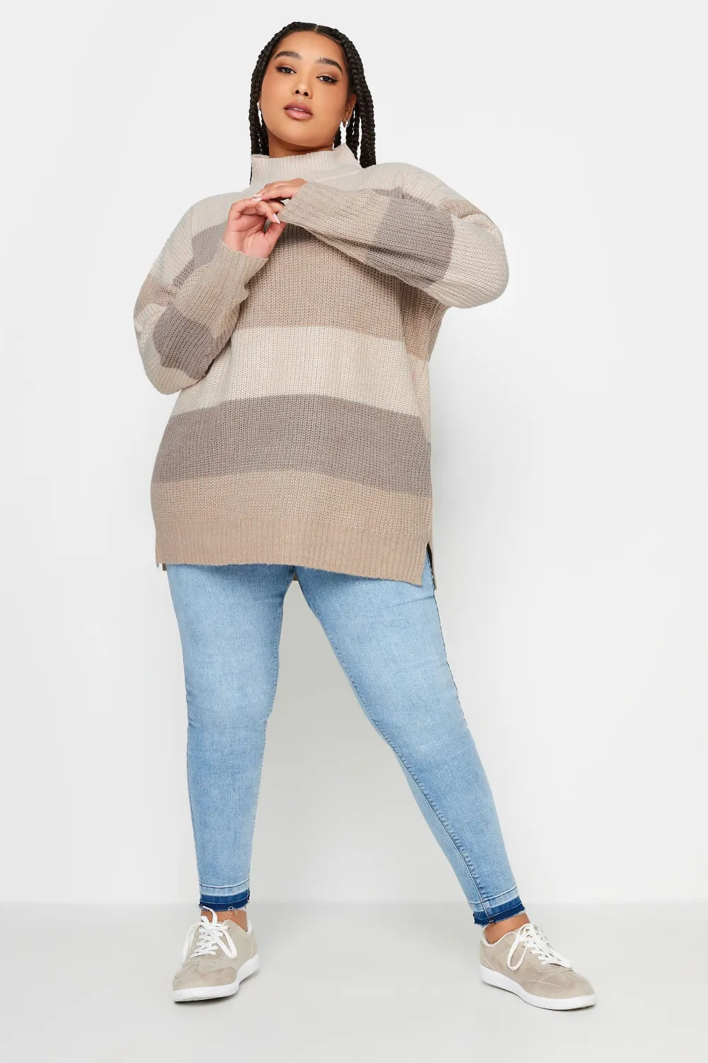 YOURS Curve Grey Stripe High Neck Knitted Jumper