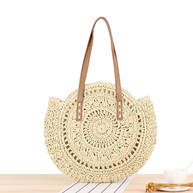 Women's Tote Straw Bag Straw Daily Holiday Solid Color Bohemian Style Brown Beige