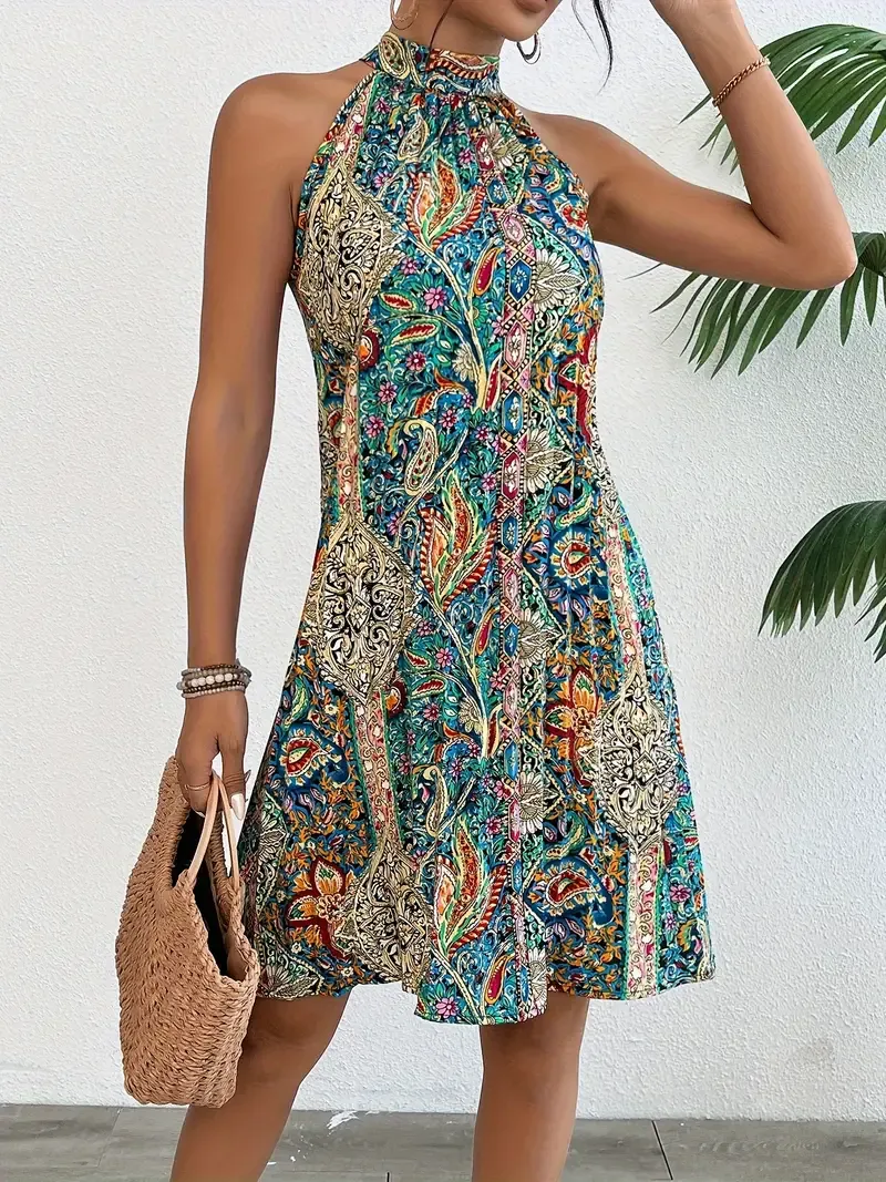Floral Print Pleated Dress, Elegant Sleeveless Dress For Summer, Women's Clothing