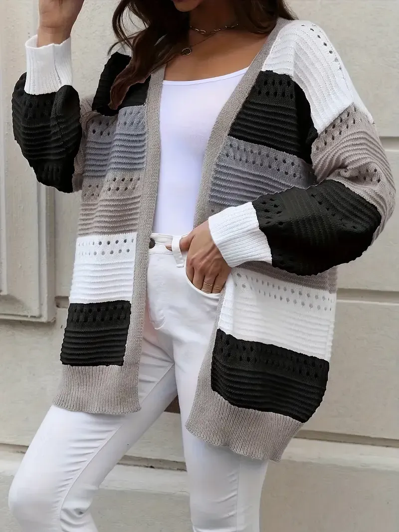Casual Autumn Wear| Women's Plus Size Color Block Open Front Cardigan - Casual V-Neck, Eyelet Detail, Long Sleeve, Knit Sweater - Machine Washable, Polyester