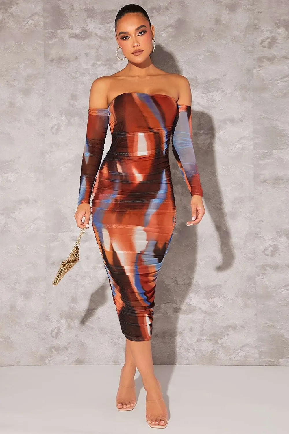 BAE Tie Dye Off Shoulder Ruched Side Bodycon Dress