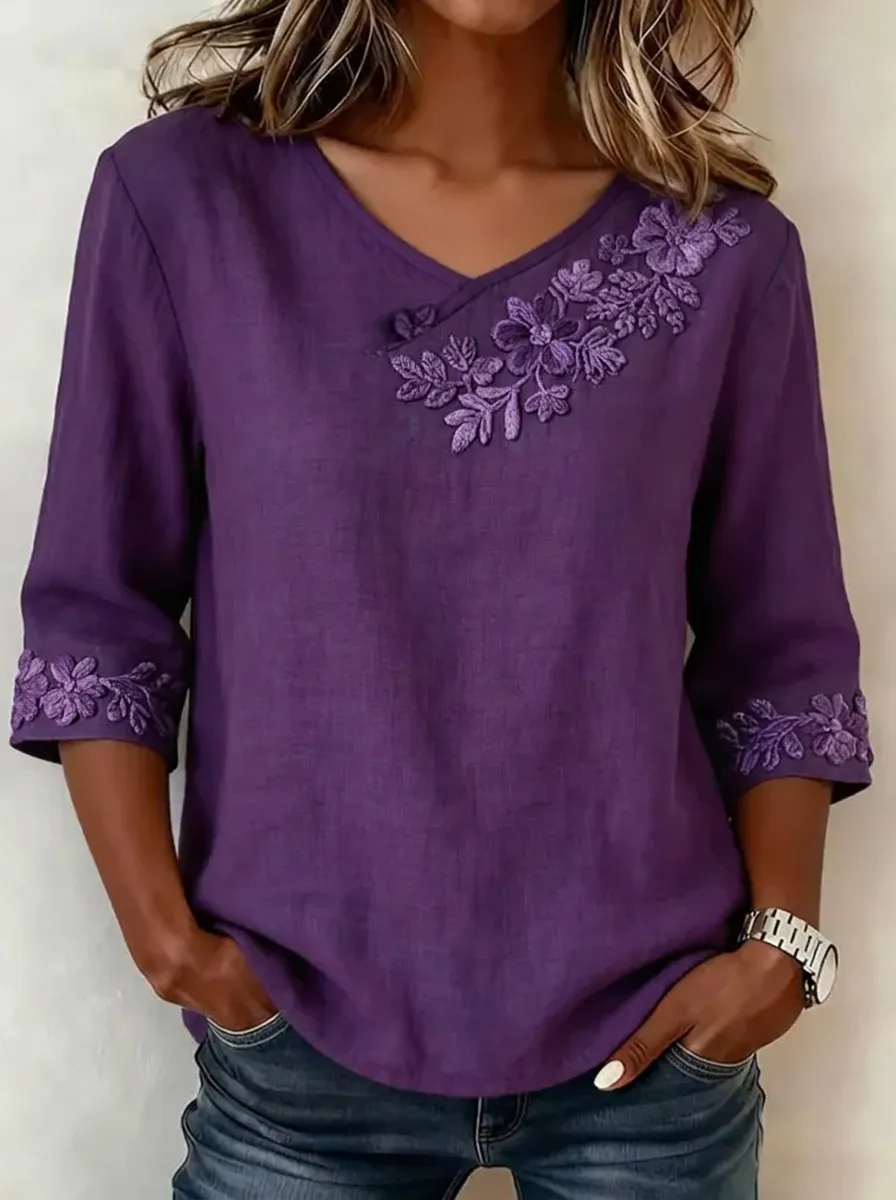 Women's Nashville Floral Embroidered V-Neck Linen Blouse