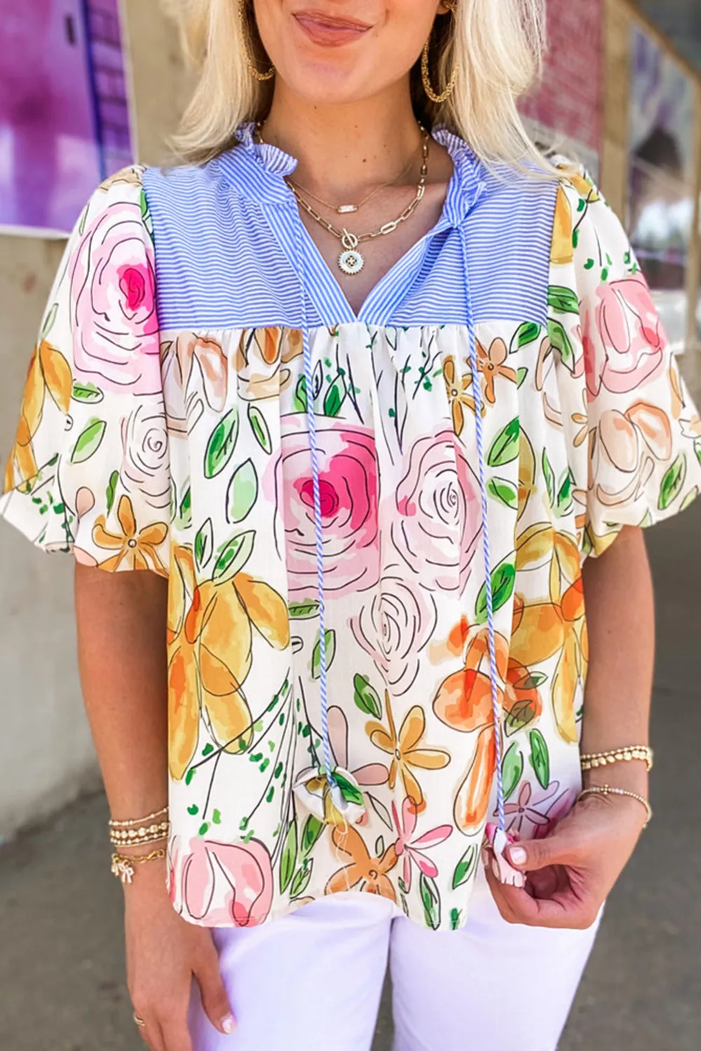 Striped Floral Frilled Blouse