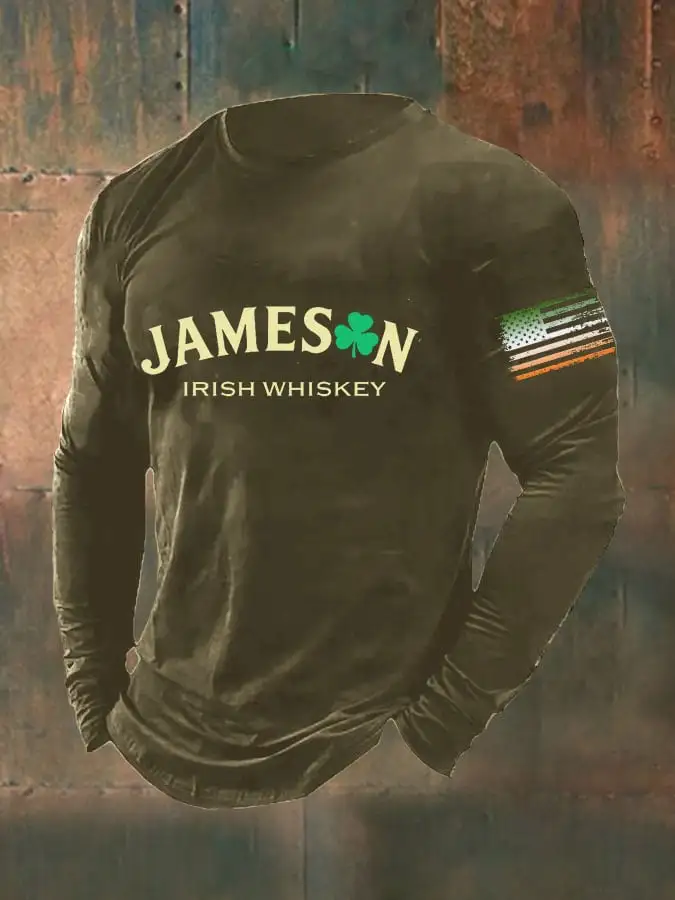 Men's St. Patrick’s Day Jameson Irish Whiskey Print Casual Long Sleeve T-Shirt