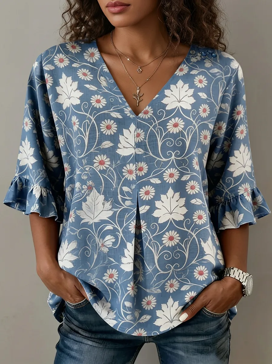 Women's Nashville Floral Leaf Printed V-neck Ruffle Top