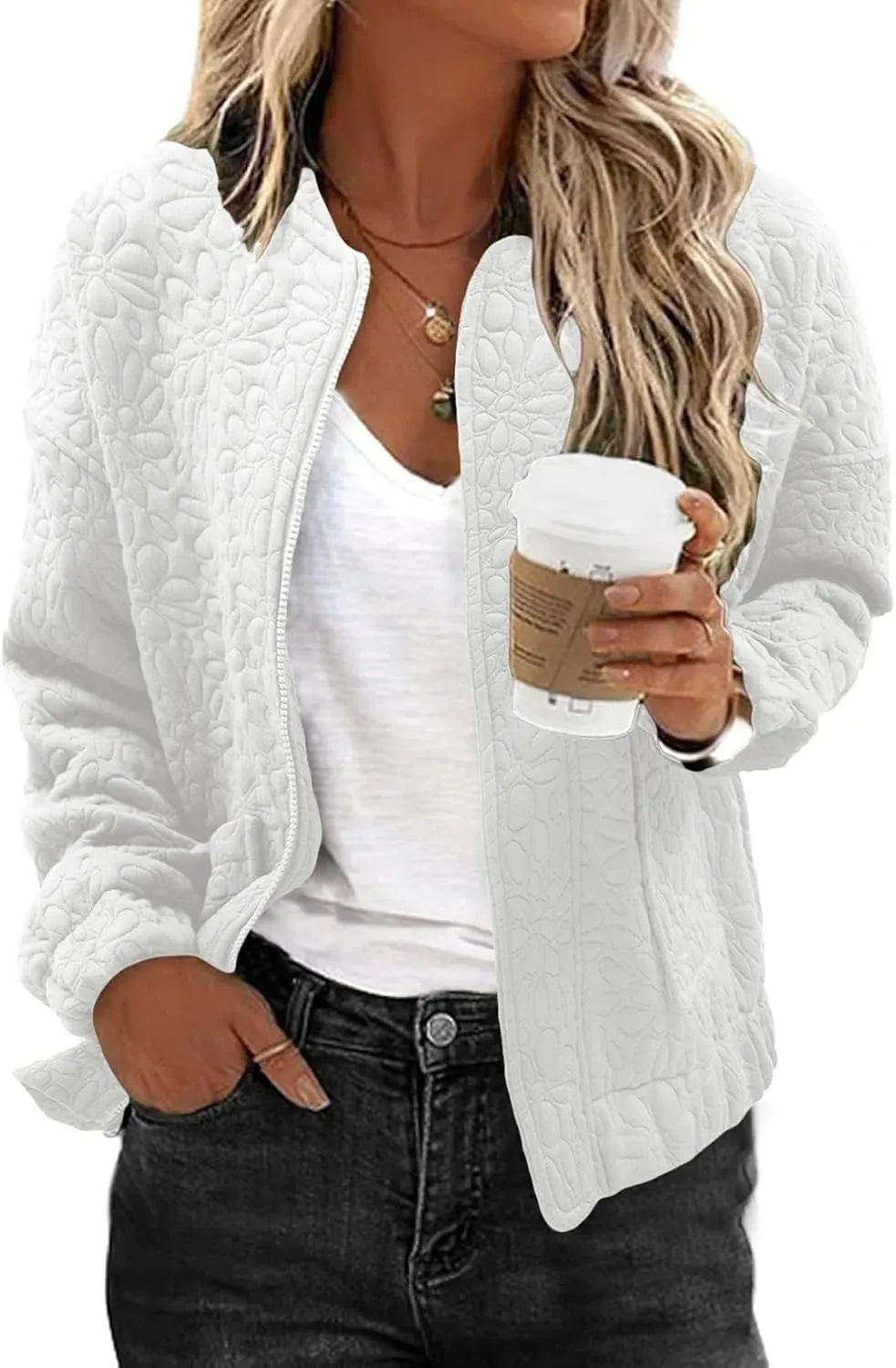 Jackets for Women Spring Fashion 2025 Cute Jacquard Coats Lightweight Zip Up Jackets Dressy Casual