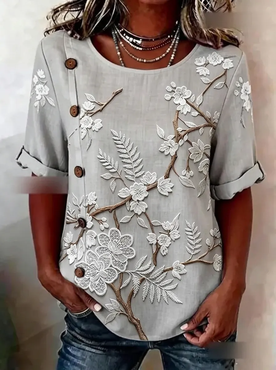 Women's Nashville Floral Embroidery Buttoned Printed Top