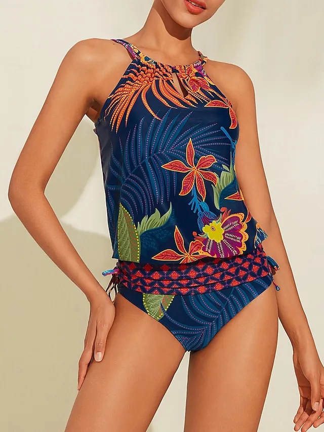Printed Drawstring Tankini Swimsuit