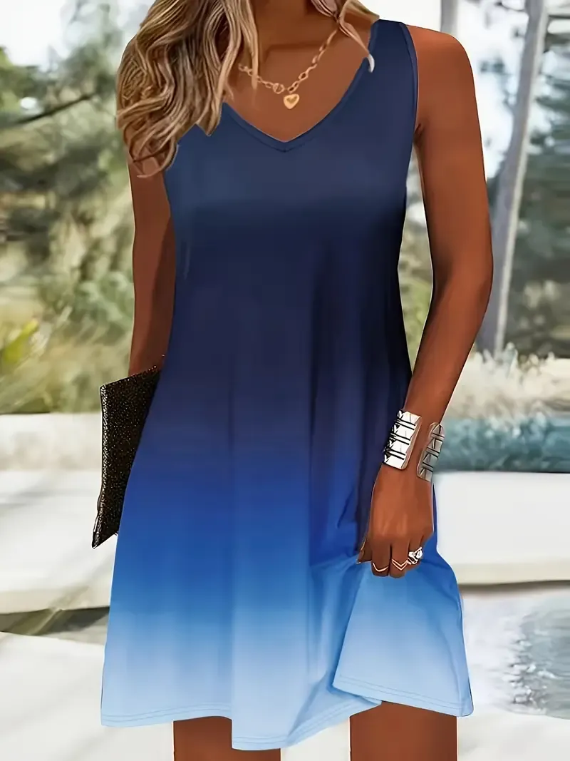 Holiday Cheer, Elegant Gradient Sleeveless Midi Dress for Women - Casual V-Neck, Polyester and Spandex Blend, Perfect for All Seasons, Machine Washable