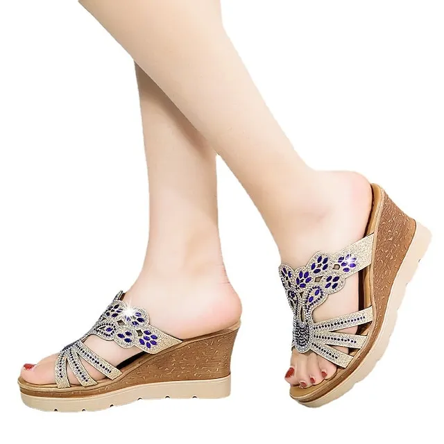 Women's Slippers Plus Size Daily Summer Rhinestone Wedge Heel Open Toe Casual Faux Leather Loafer Blue Gold