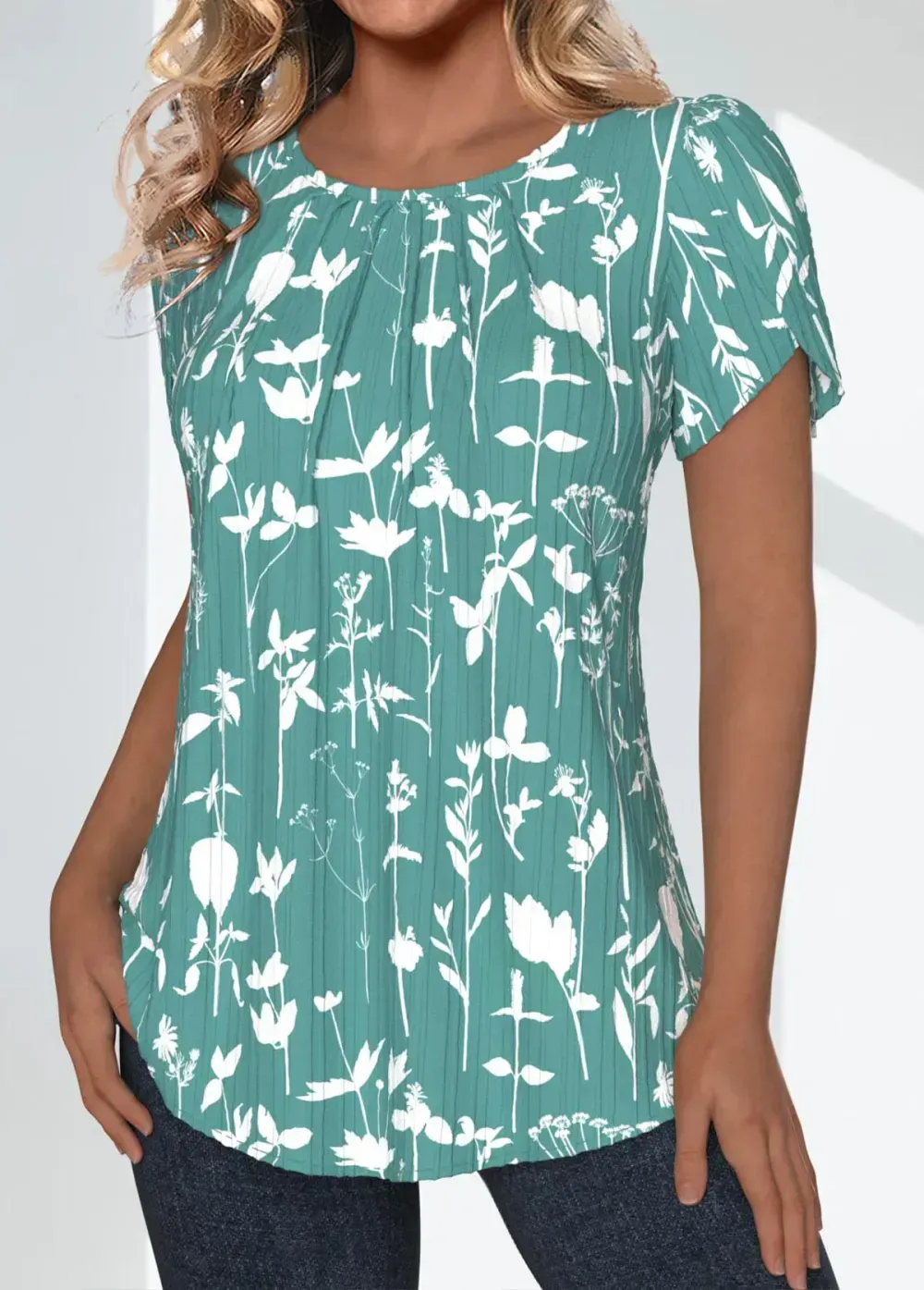 Green Tuck Stitch Floral Print Short Sleeve Blouse
