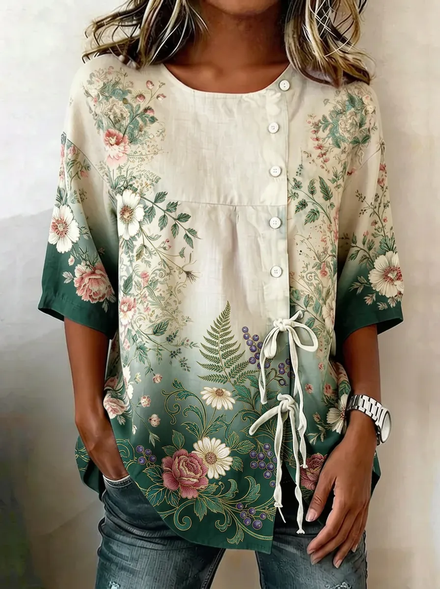 Women's Nashville Floral Botanical Printed Button-Down Top