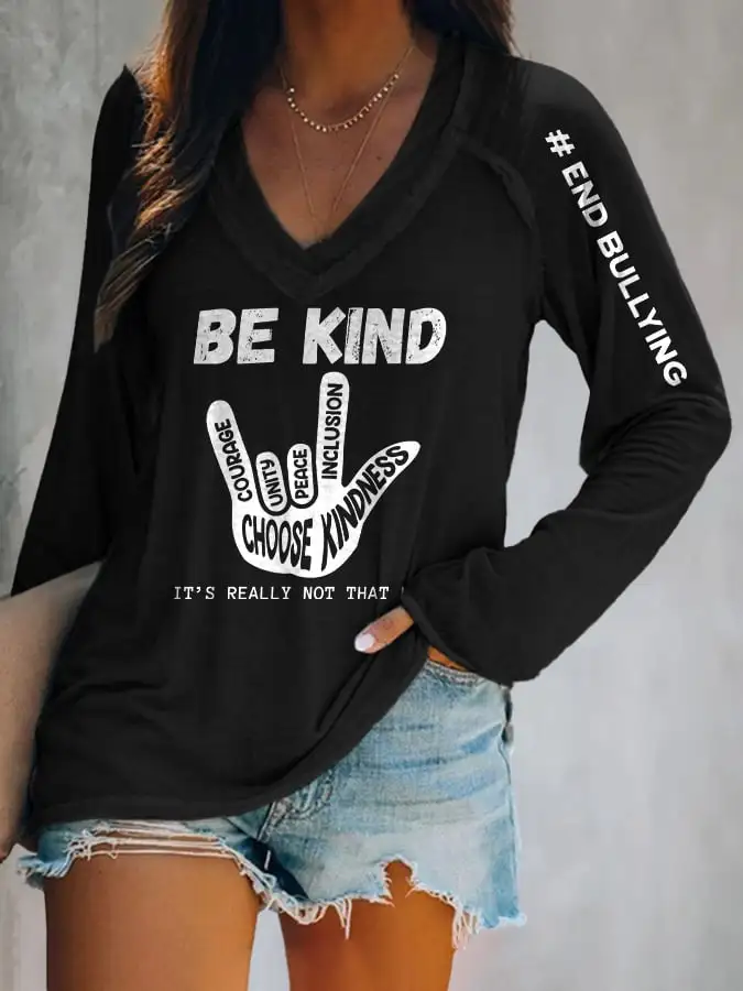 V-Neck Retro Pink Shirt Day Anti-Bullying Be Kind It's Really Not That Hard Love Hand Sign End Bullying Print T-Shirt