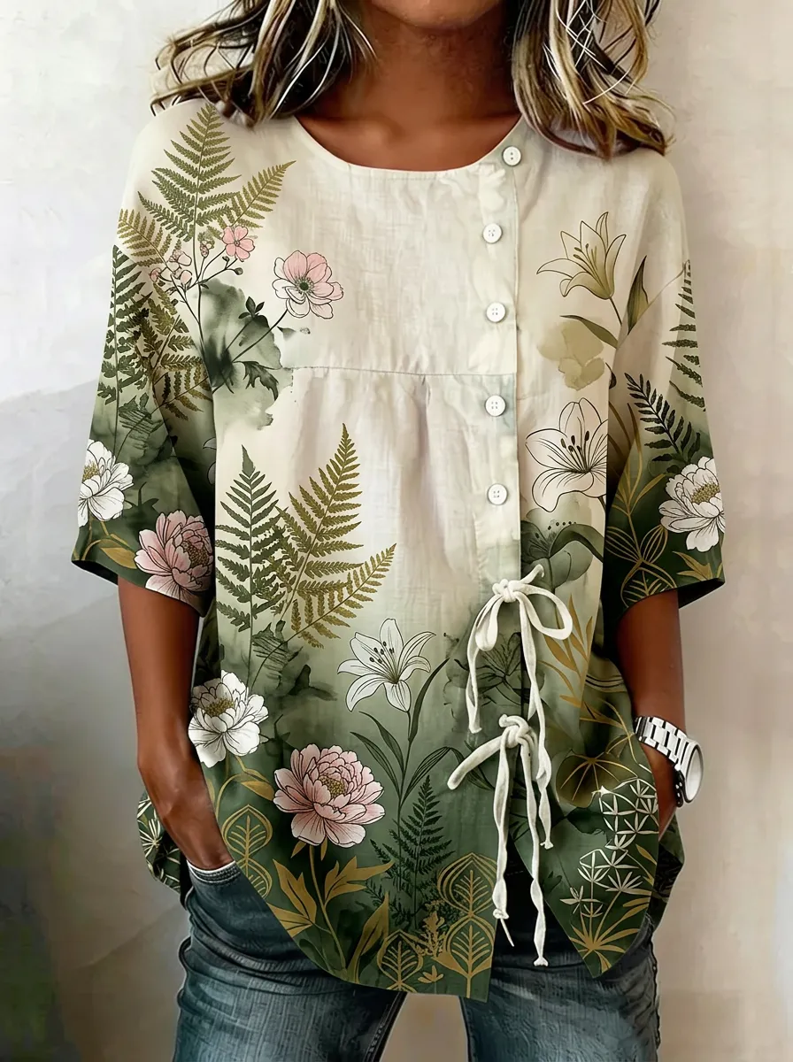 Women's Nashville Botanical Fern Lily Printed Button-up Top